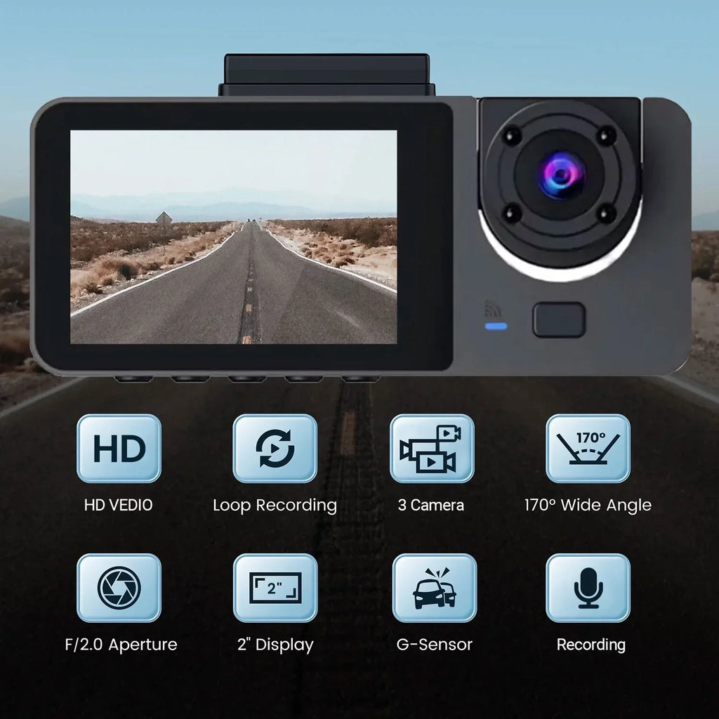 Hanru 1080P 3 Channel Front Rear Inside Dash Cam, Dash Camera, DVR Backup Cam for Cars, Three Way Triple Car Driving Recorder, 170°, Night Vision, Loop Recording, G-Sensor, Parking Monitor, WDR