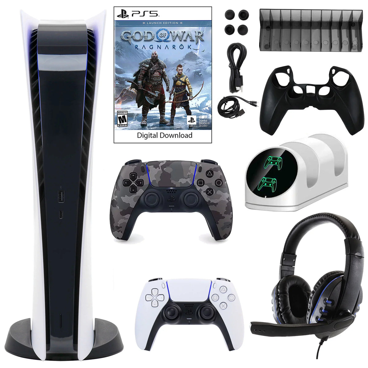 PlayStation 5 Digital GOW Console with Extra Gray Camo Dualsense Controller and Accessories Kit