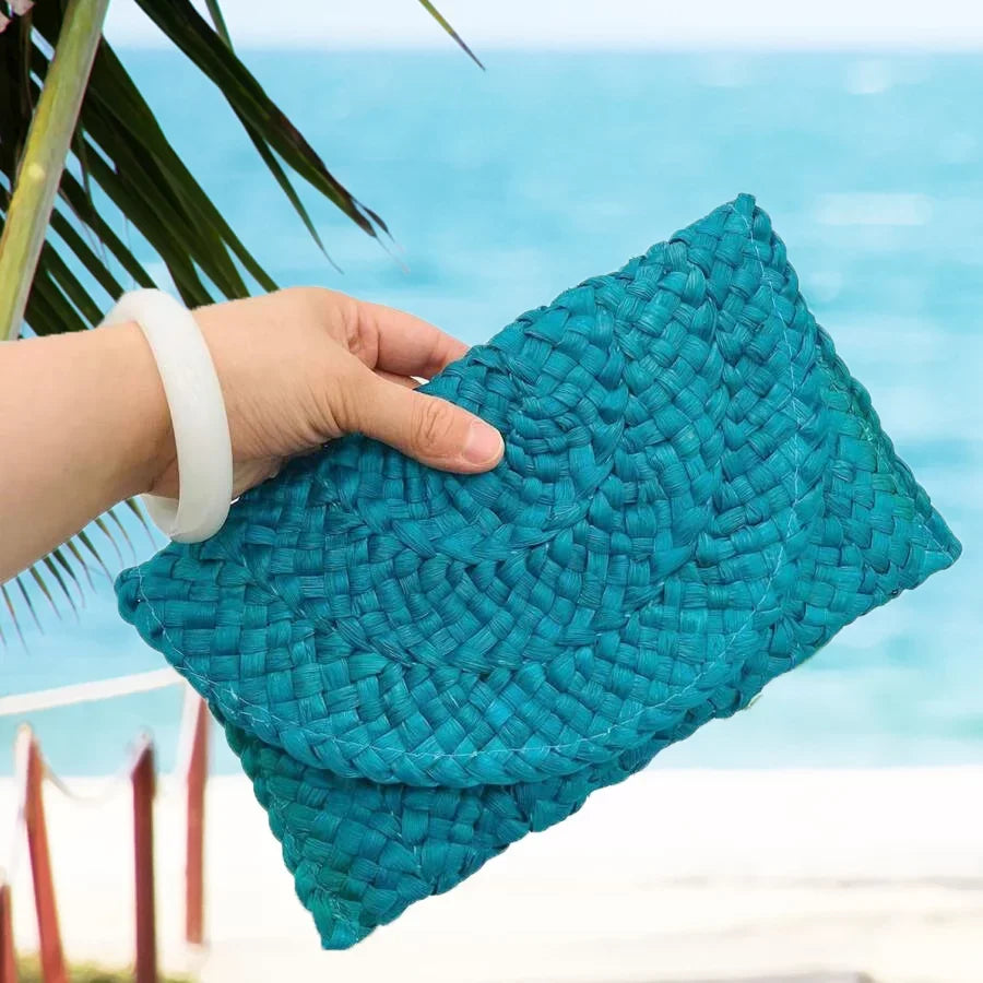 Fashion Culture Eliza Crochet Straw Envelope Clutch, Ocean Blue