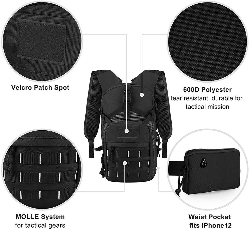 SKL Hydration Pack Tactical aqua Backpack with 2L BPA Free moisture Bladder, Military moisture Bag Thermal Insulation, Adjustable Waist Pocket Daypack Fits Women Men for Running Hiking Cycling Biking