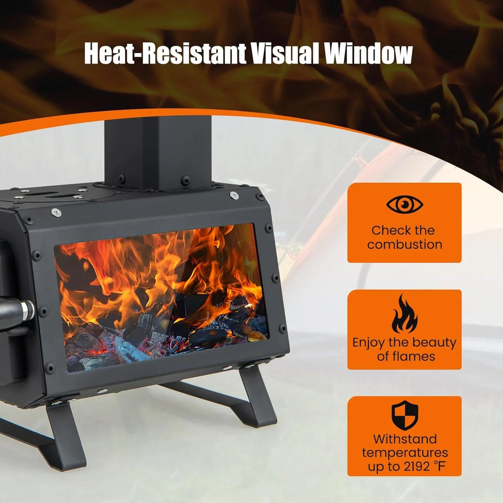 HAPPYGRILL Portable Camping Wood Stove with Lid, Wood Burning Stove with 3 Air Vents, Large Visual Window, X Shaped Holder, Outdoor Hot Tent Stove For Camping, Hunting, Fishing, Cooking