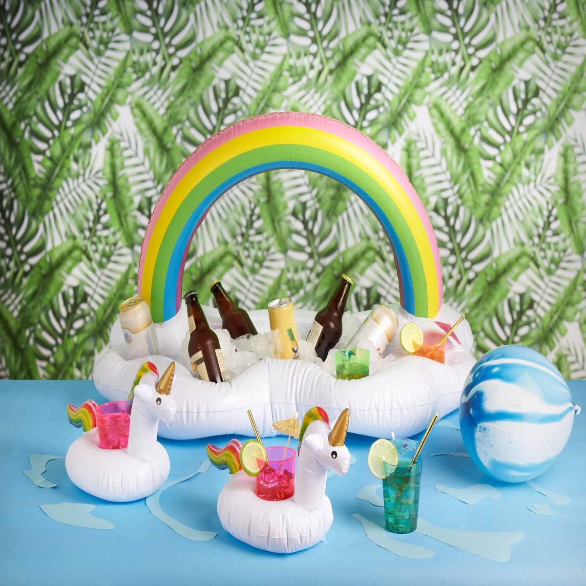 TrueZoo Rainbow Floating Bar Pool Party Inflatable Cup Holders and Cooler, Colorful Cloud Ice Box Drink Floatie, Set of 1