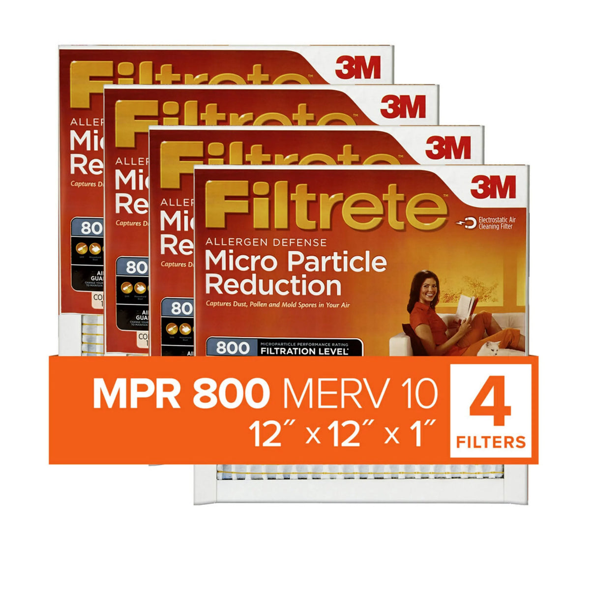 Filtrete 12x12x1 Air Filter, MPR 800 MERV 10, Micro Particle Reduction, 4 Filters