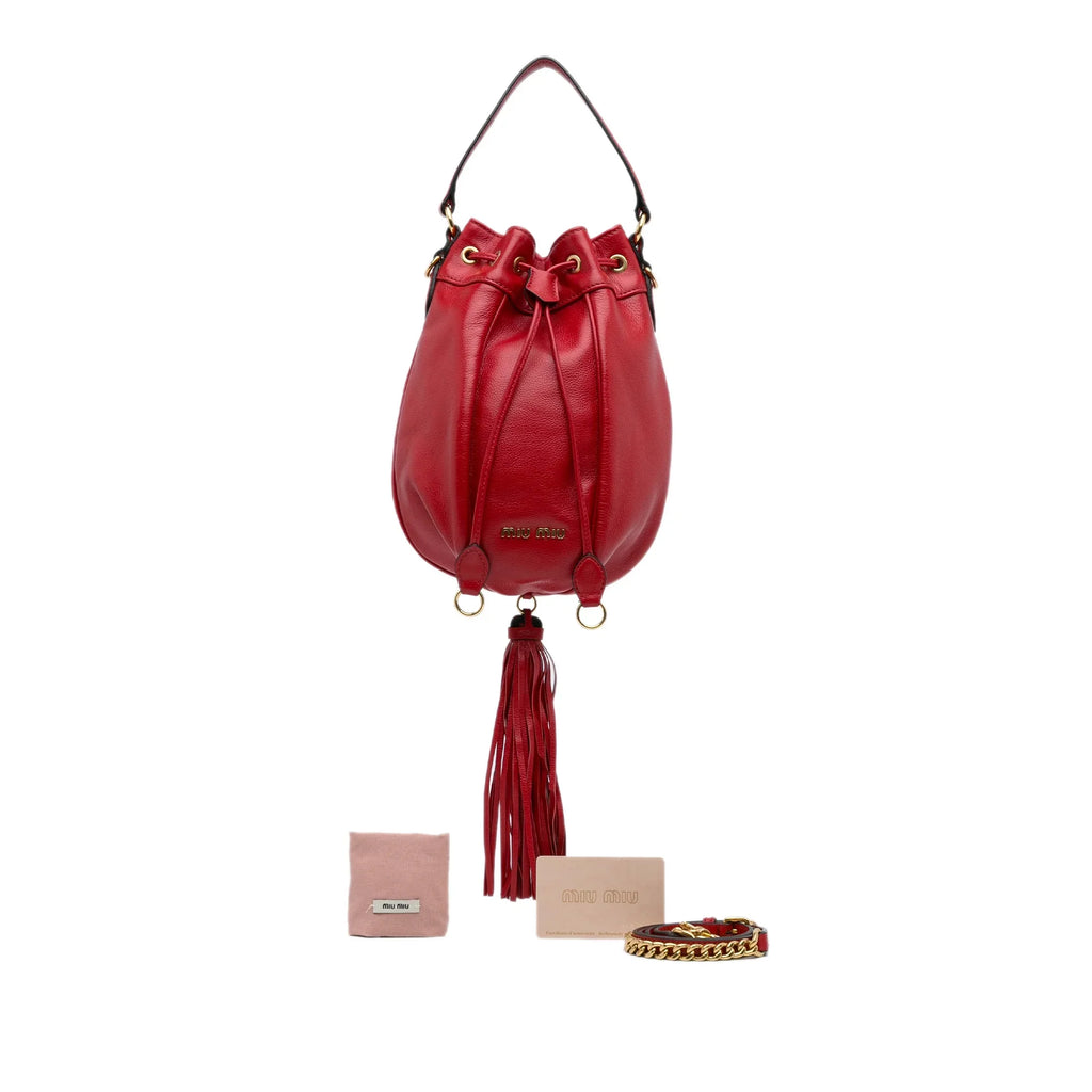 Pre-Owned Authenticated Miu Miu Tassel Accent Bucket Bag Calf Leather Red DrawstringBag Unisex (Good)