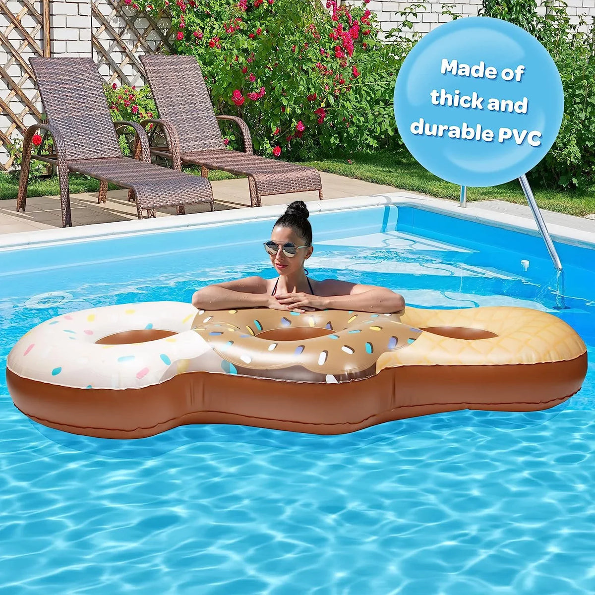 Aquamazing Ice Cream Cone Giant Inflatable XL Swimming Pool Float Tube for Kids, Adults- Huge 7 Ft Long - Mesh Sections Seats 3 People - Perfect for Summer