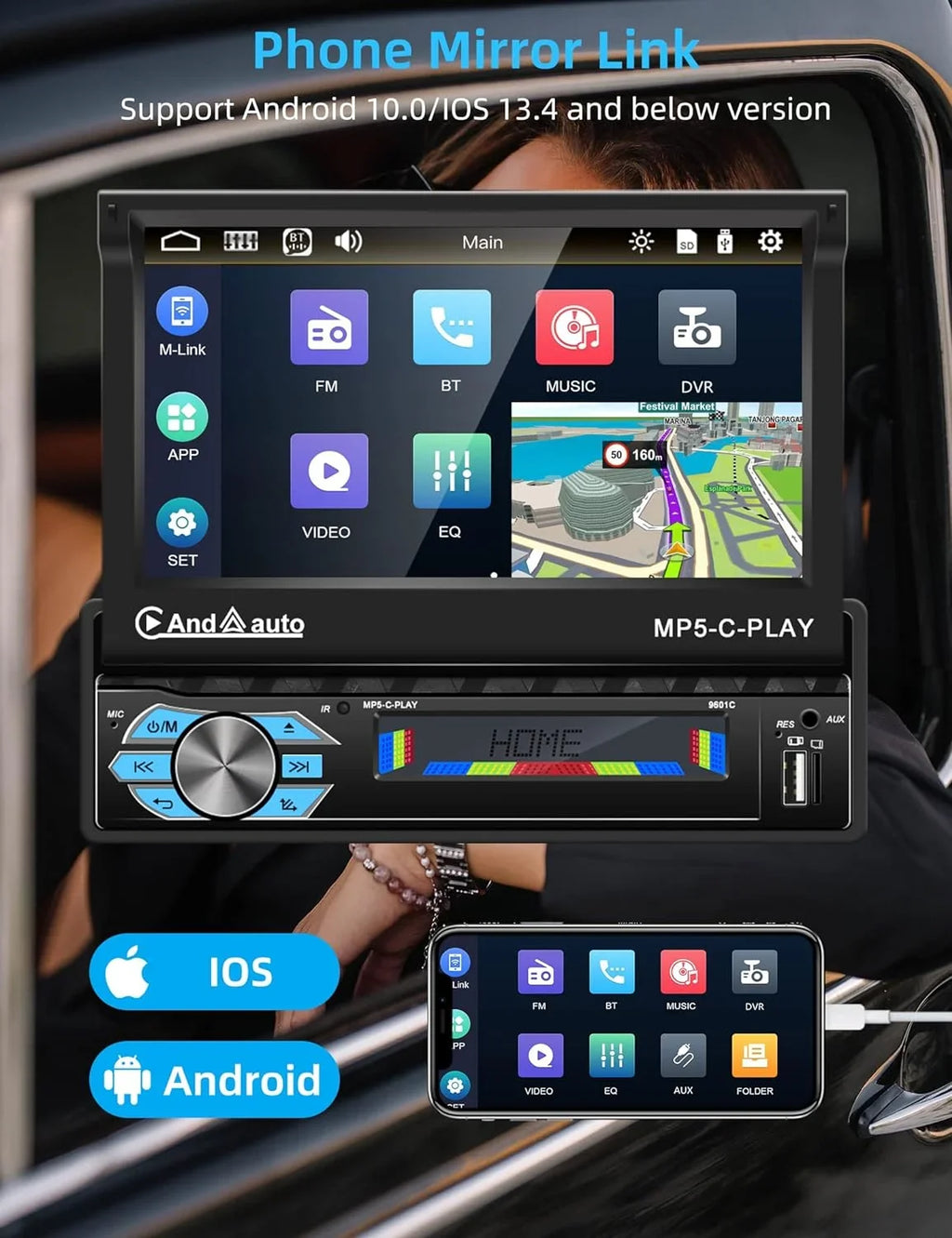 THONZER Carplay Car Stereo with Android Auto Bluetooth,7 Inch Flip Out Touchscreen Car Radio,Car Audio Receivers Support Phone Mirror Link,with FM Radio/Backup Camera/USB TF AUX-in Port