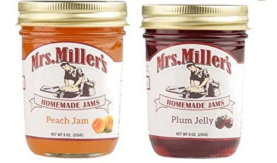 Jars. Miller's Homemade Peach Jam and Plum Jelly Variety 2-Pack, 9 oz. Mrs
