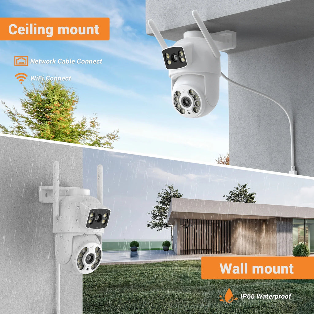 TOPVISION Dual Lens Security Camera Outdoor, 6MP Dual Lens Smart Linkage,  IP66 Waterproof 2.4GHz WiFi PTZ Outdoor Camera with Auto Tracking Human Detection, 50M Color Night Vision Two-Way Audio