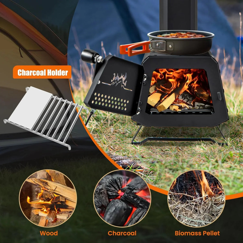 HAPPYGRILL Portable Camping Wood Stove with Lid, Wood Burning Stove with 3 Air Vents, Large Visual Window, X Shaped Holder, Outdoor Hot Tent Stove For Camping, Hunting, Fishing, Cooking