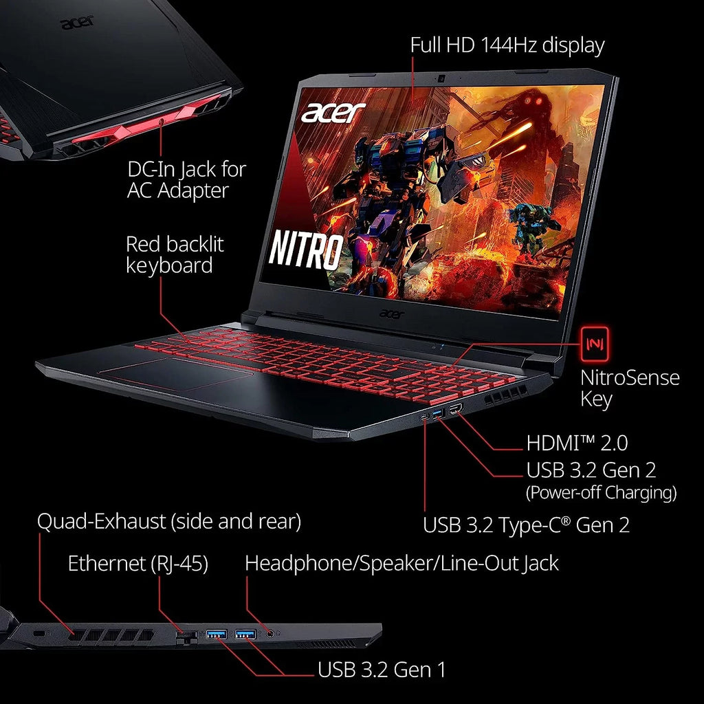 Nitro 5 15.6-Inch 144hz IPS Gaming Laptop + High superior 6ft HDMI Cable + LCD Screen Cleaner + Wired Stereo Gaming Headset + Gaming Controller- Carbon Black