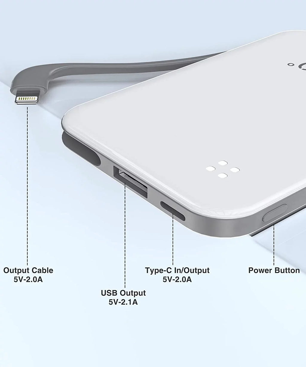 TG90 4500mah Mini Portable Charger with Built-in Cable, Small Power Bank Portable Cell Phone Charger suitable with iPhone 13/13 Pro Max/12/12 Pro Max/11/11 Pro Max/X/XS/8/7/6/SE and More White
