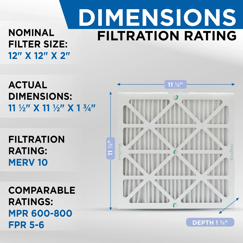 Actual Size: 11-1/2 x 11-1/2 x 7/8. 12 Pack of 12x12x1 MERV 13 Pleated Air Filters by Glasfloss