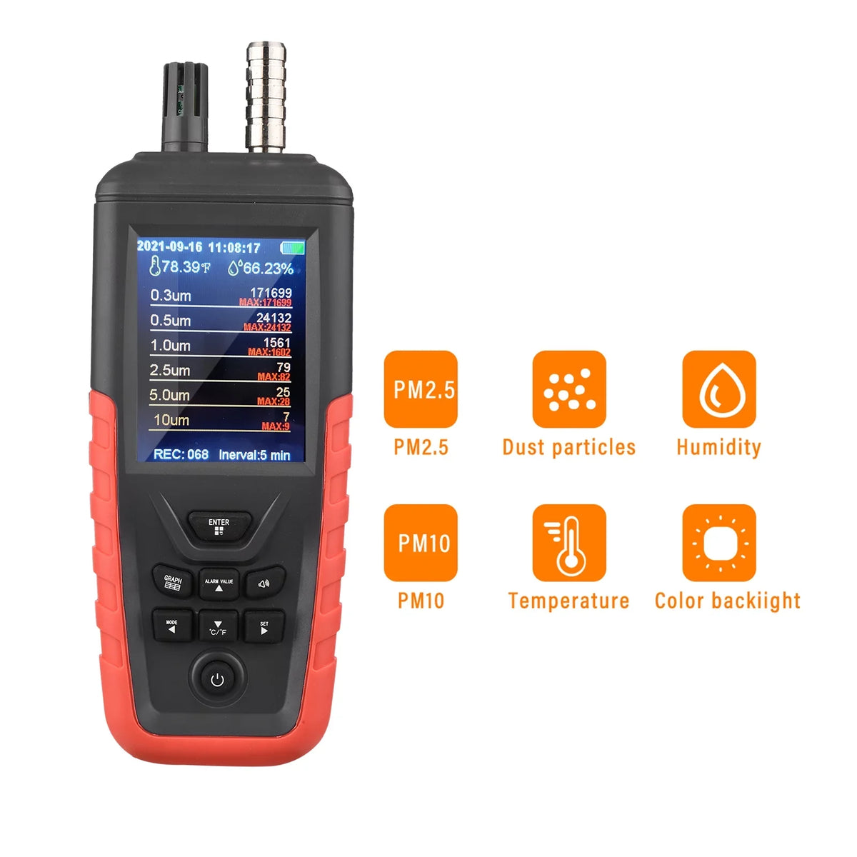 Walmeck Dust Particle Counter 6-Channel 0.3um/ 0.5μm/ 1.0μm/ 2.5μm/ 5.0μm/ 10um PM2.5 PM10 Detector with 3.2-inch Backlight TFT Color Screen Air superior Tester Temperature Humidity Home Offi