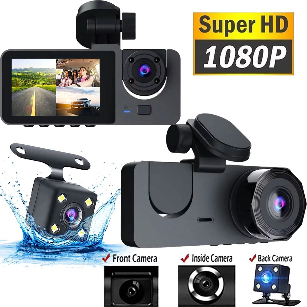 Hanru 1080P 3 Channel Front Rear Inside Dash Cam, Dash Camera, DVR Backup Cam for Cars, Three Way Triple Car Driving Recorder, 170°, Night Vision, Loop Recording, G-Sensor, Parking Monitor, WDR