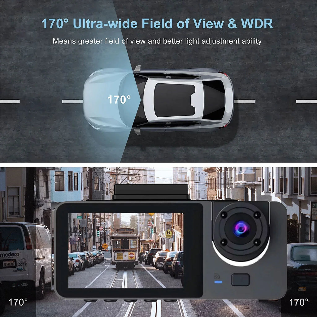 Hanru 1080P 3 Channel Front Rear Inside Dash Cam, Dash Camera, DVR Backup Cam for Cars, Three Way Triple Car Driving Recorder, 170°, Night Vision, Loop Recording, G-Sensor, Parking Monitor, WDR