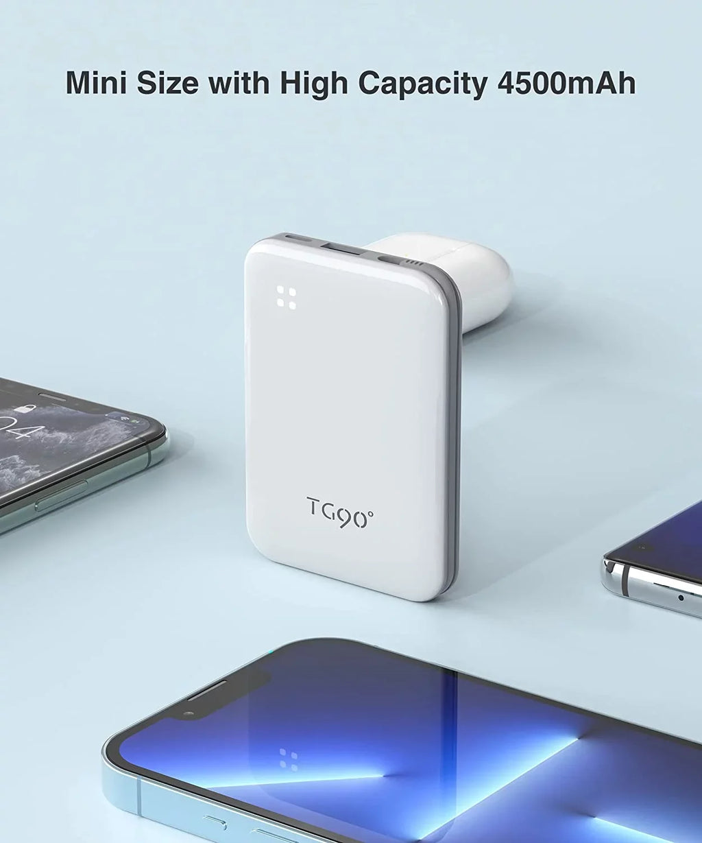TG90 4500mah Mini Portable Charger with Built-in Cable, Small Power Bank Portable Cell Phone Charger suitable with iPhone 13/13 Pro Max/12/12 Pro Max/11/11 Pro Max/X/XS/8/7/6/SE and More White
