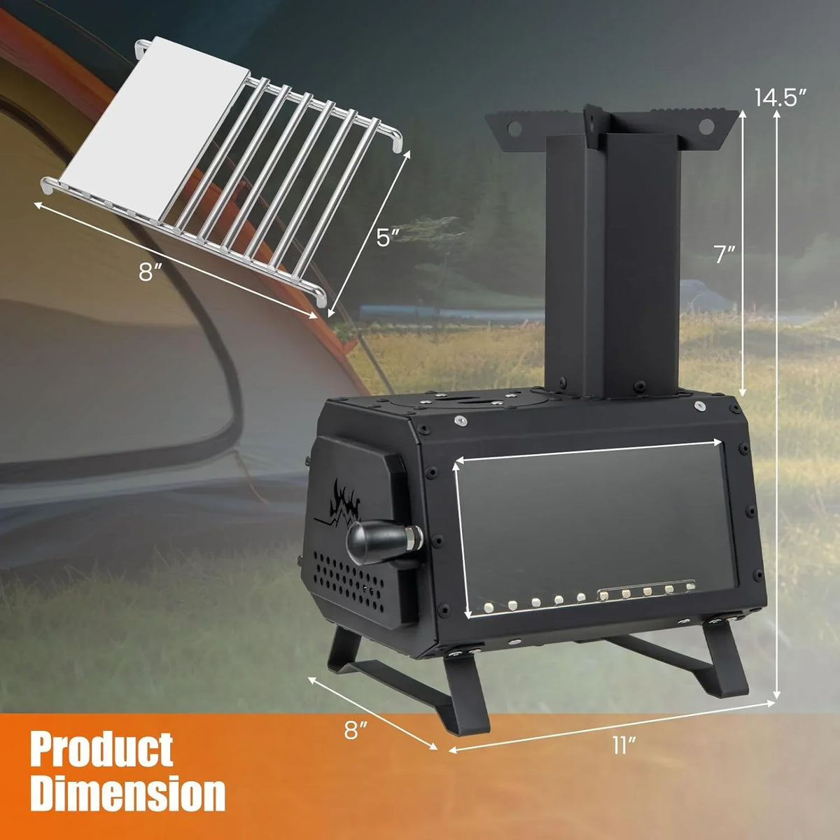 HAPPYGRILL Portable Camping Wood Stove with Lid, Wood Burning Stove with 3 Air Vents, Large Visual Window, X Shaped Holder, Outdoor Hot Tent Stove For Camping, Hunting, Fishing, Cooking